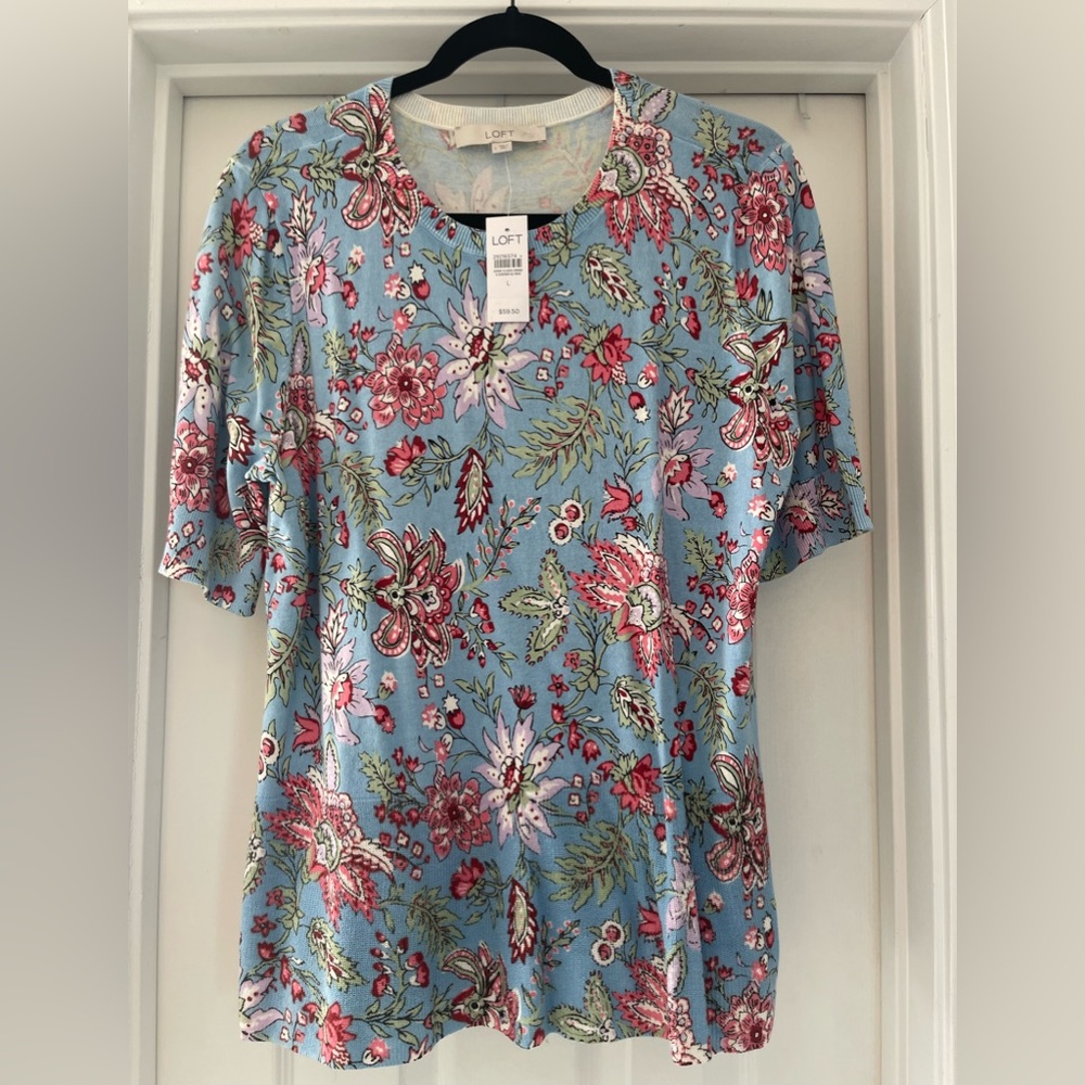 NWT LOFT Short Sleeve Knit Floral Light Blue